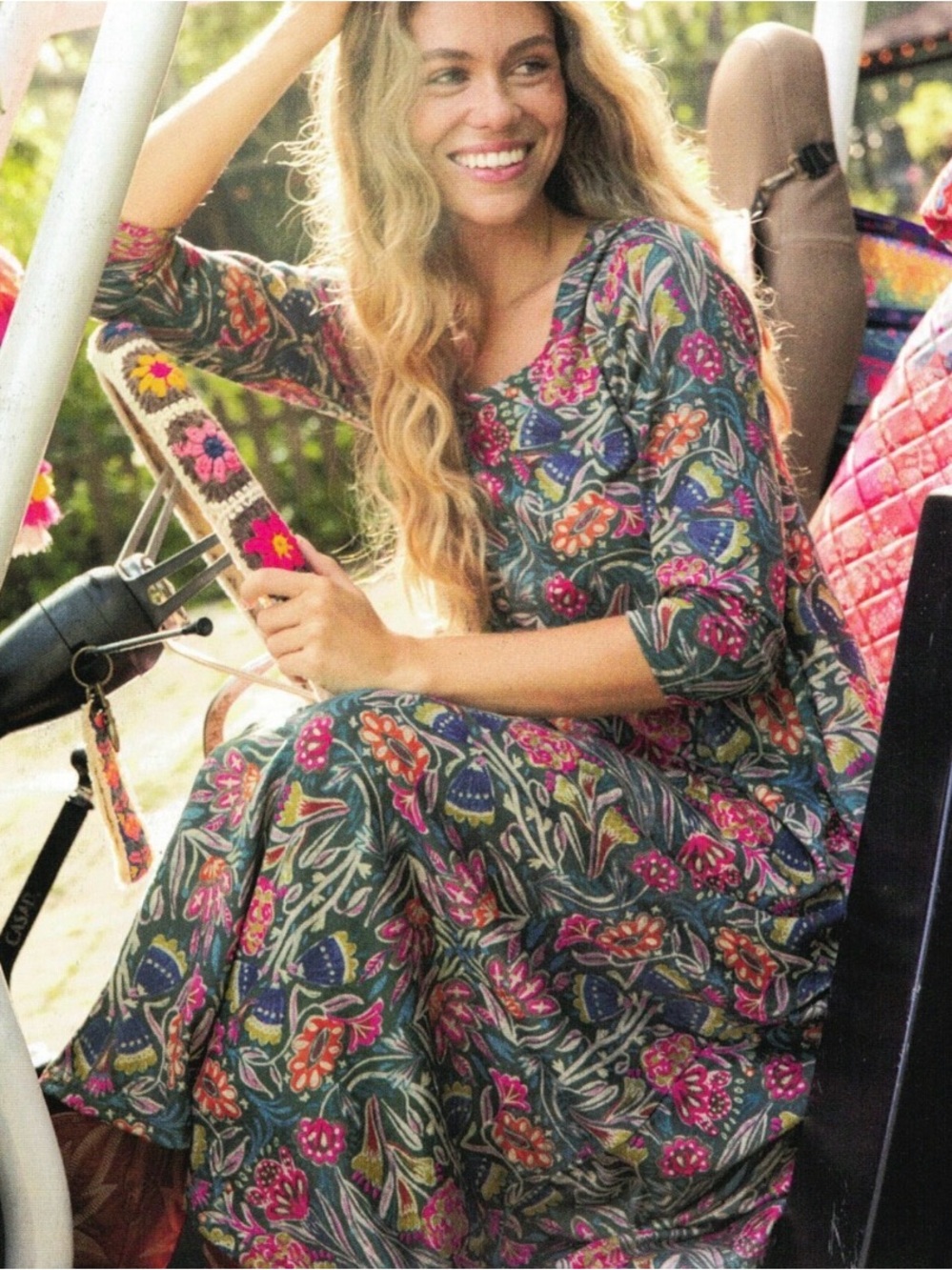 Natural Life Floral Knit Midi Dress Small 3/4 Sleeve Boho Casual Cottagecore
